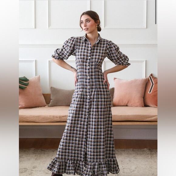 Mille Dresses & Skirts - Mille Resort Blue Brown Plaid Button Front Maxi Dress XXS